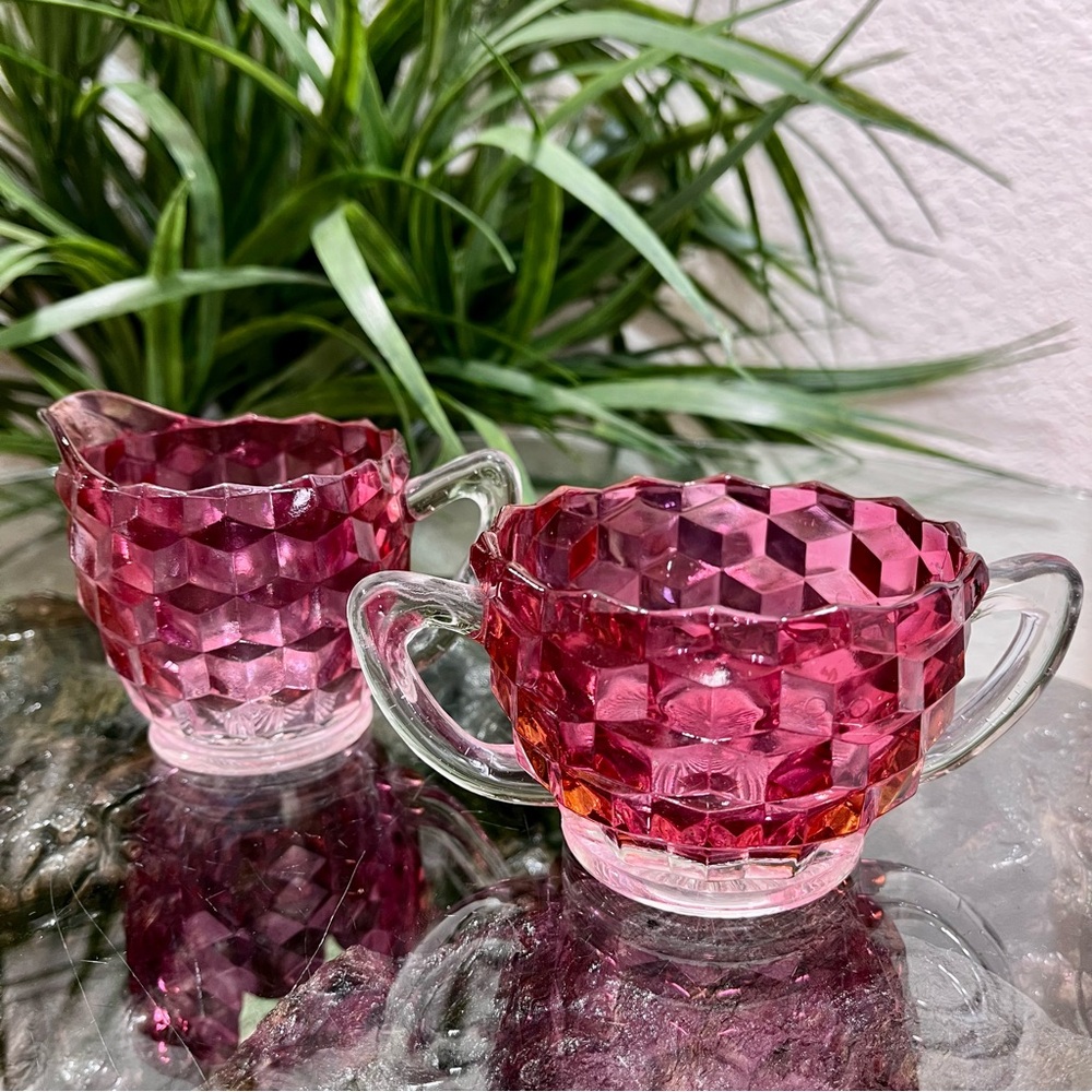🌹CLEARANCE🌹 Vintage Ruby Flashed Glass Cubist Style Sugar Bowl And Creamer Set